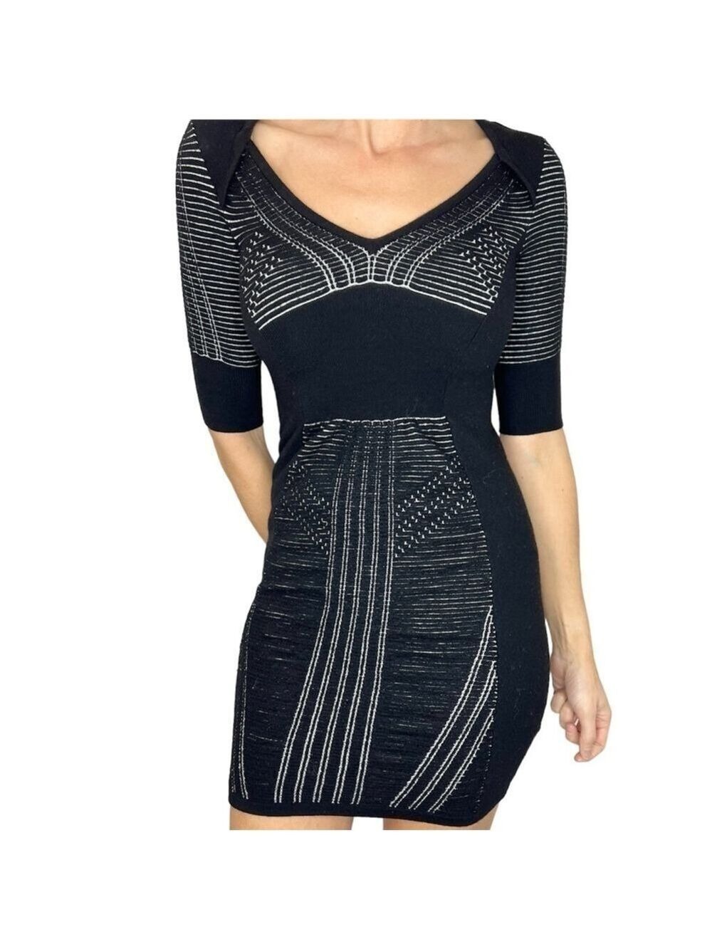 Karen Millen black white wool blend knit body on mini dress 1